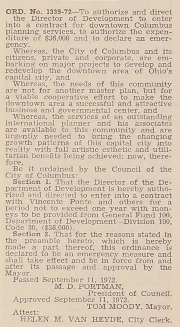 The Man Who Dreamed Up Montreal's Underground City Also Made Plans For A Columbus Subway 4 Ordinance 1339-72 as printed in the Columbus City Bulletin of September 16, 1972, authorizing a downtown planning contract with Vincent Ponte