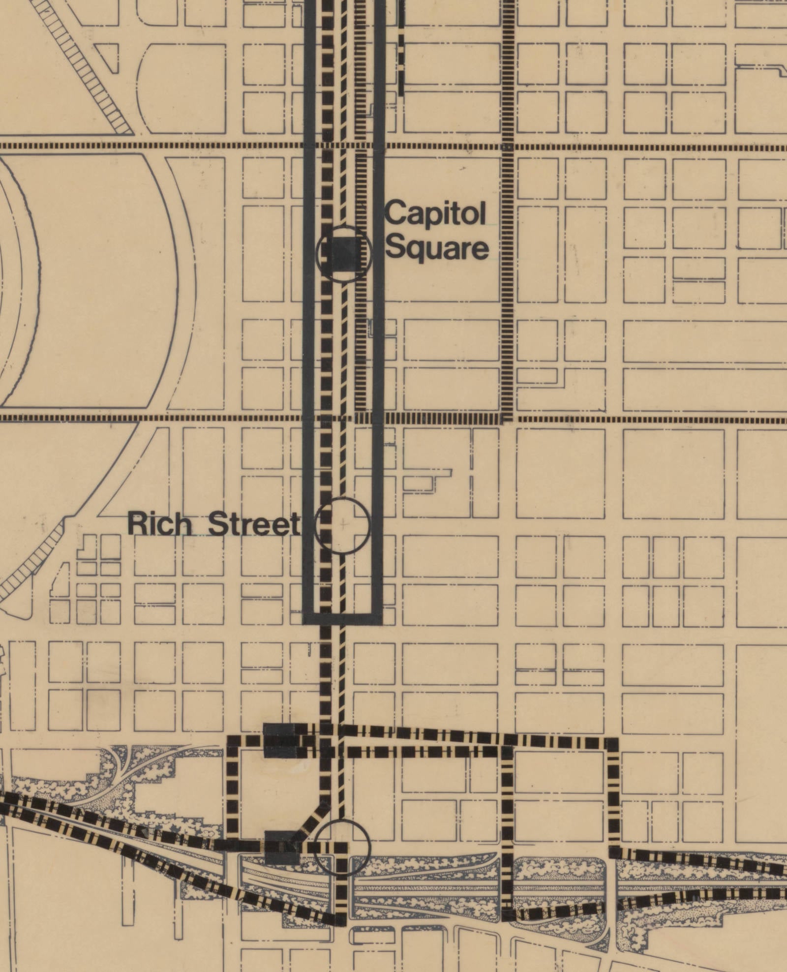 The Man Who Dreamed Up Montreal's Underground City Also Made Plans For A Columbus Subway 2 Detail of the 1974 Columbus transit map showing the proposed subway under High Street with stops at Capitol Square and Rich Street