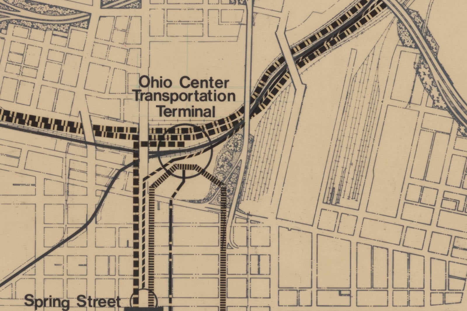 The Man Who Dreamed Up Montreal's Underground City Also Made Plans For A Columbus Subway 6 Detail of the 1974 Columbus transit map showing the proposed Ohio Center Transportation Terminal in the rail corridor east of High Street