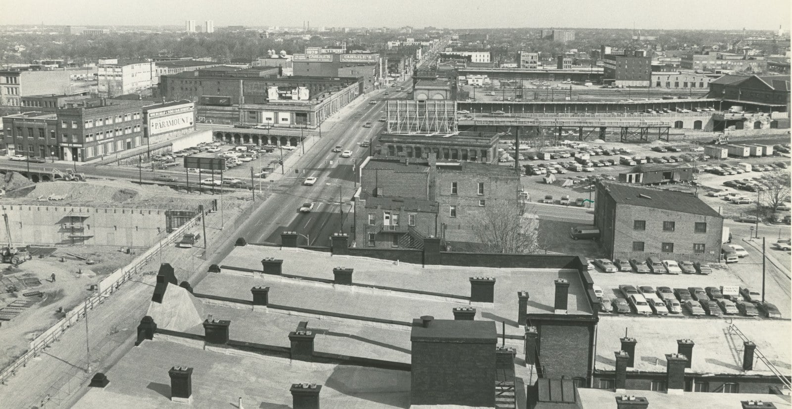 The Man Who Dreamed Up Montreal's Underground City Also Made Plans For A Columbus Subway 7 1975 aerial photograph looking north along North High Street in Columbus with Union Station on the right