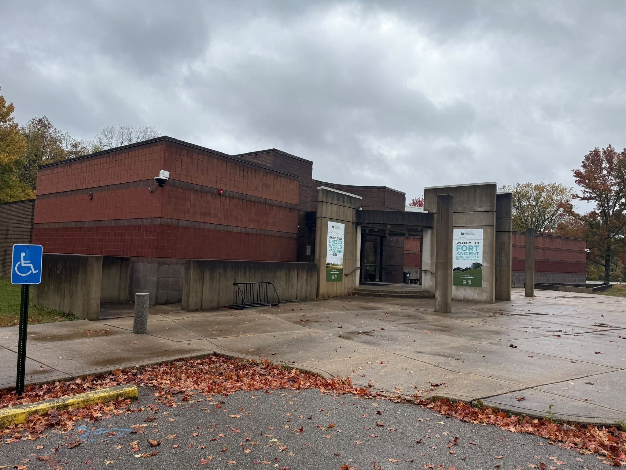 brick museum exterior on stormy fall day