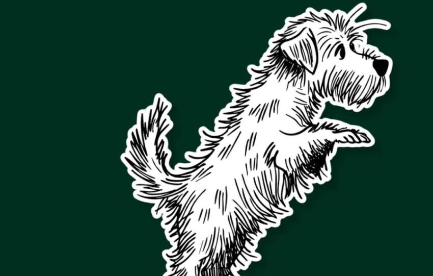 Illustrated white terrier standing on its hind legs, from The Wag's Grandview Heights dog mayor campaign graphic