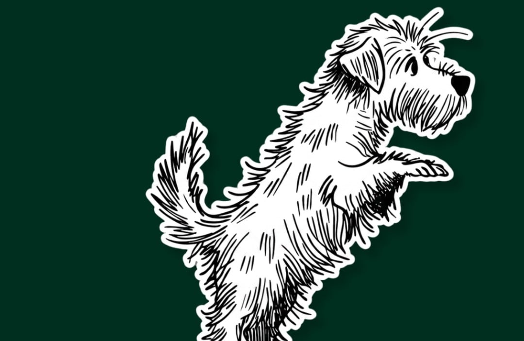 Illustrated white terrier standing on its hind legs, from The Wag's Grandview Heights dog mayor campaign graphic