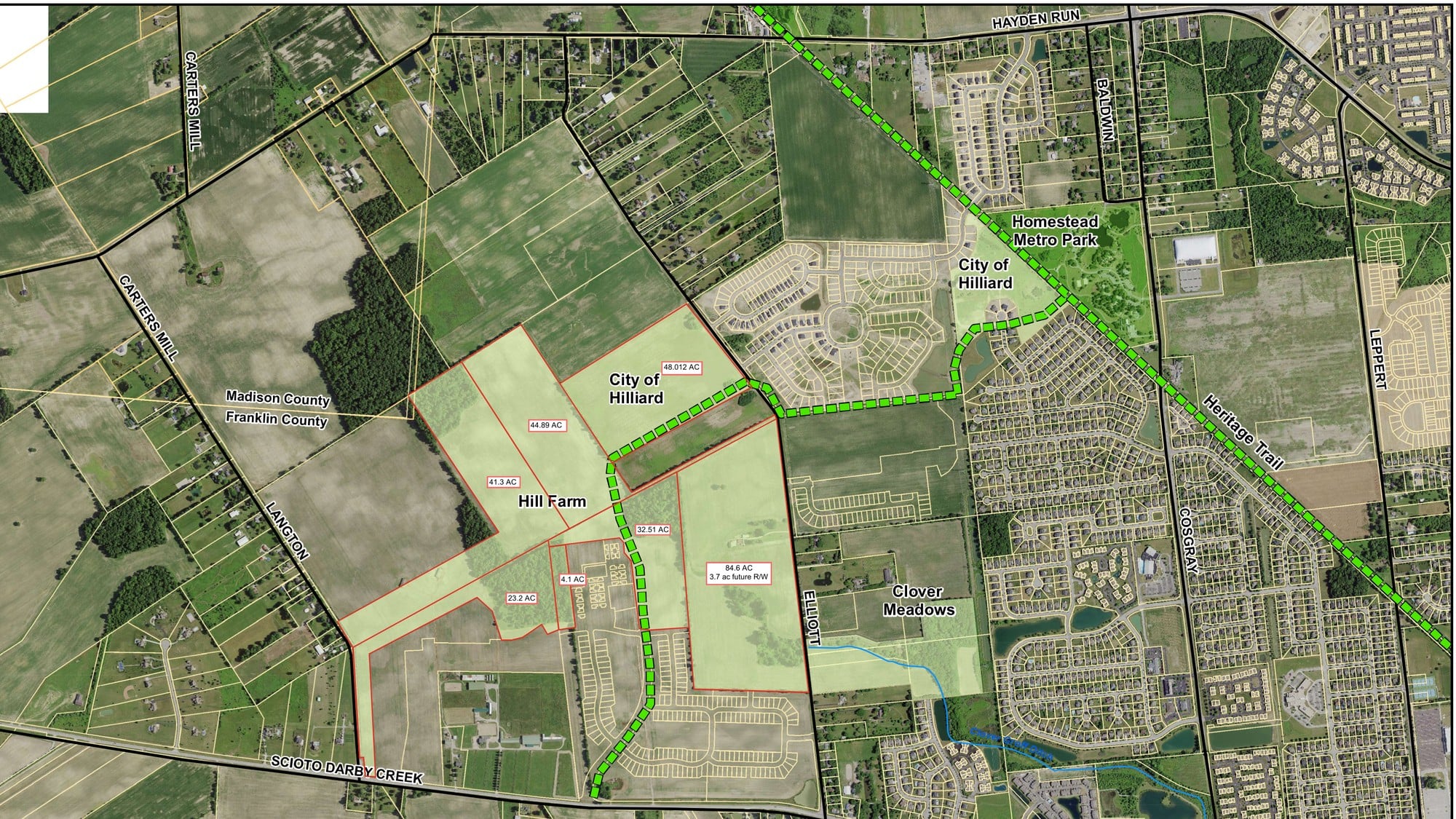 Hilliard Is Giving Homestead Metro Park 333 Acres Of Conservation Land 1 Aerial map of the Hilliard greenbelt west of Homestead Metro Park, with the parcels moving to Metro Parks outlined in red and the Heritage Trail in green
