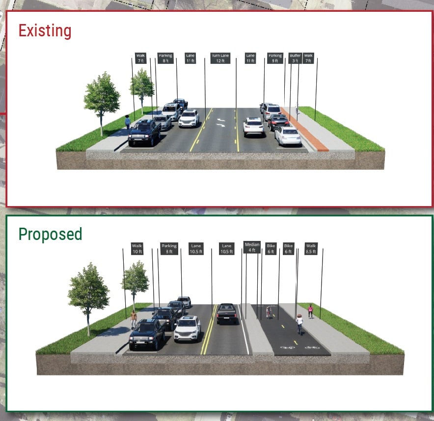 Work Is Starting On $7 Million Of Safety Fixes For Mt. Vernon Avenue, Including A Barrier-Protected Bike Lane 1 Design rendering comparing the existing Mt. Vernon Avenue street layout with the proposed layout, which adds a two-way bike lane separated from traffic by a median