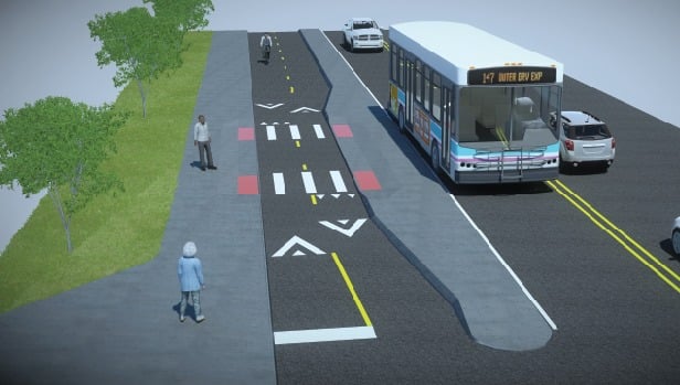 Work Is Starting On $7 Million Of Safety Fixes For Mt. Vernon Avenue, Including A Barrier-Protected Bike Lane 2 Design rendering of a bus island on Mt. Vernon Avenue with the bike lane routed behind the stop