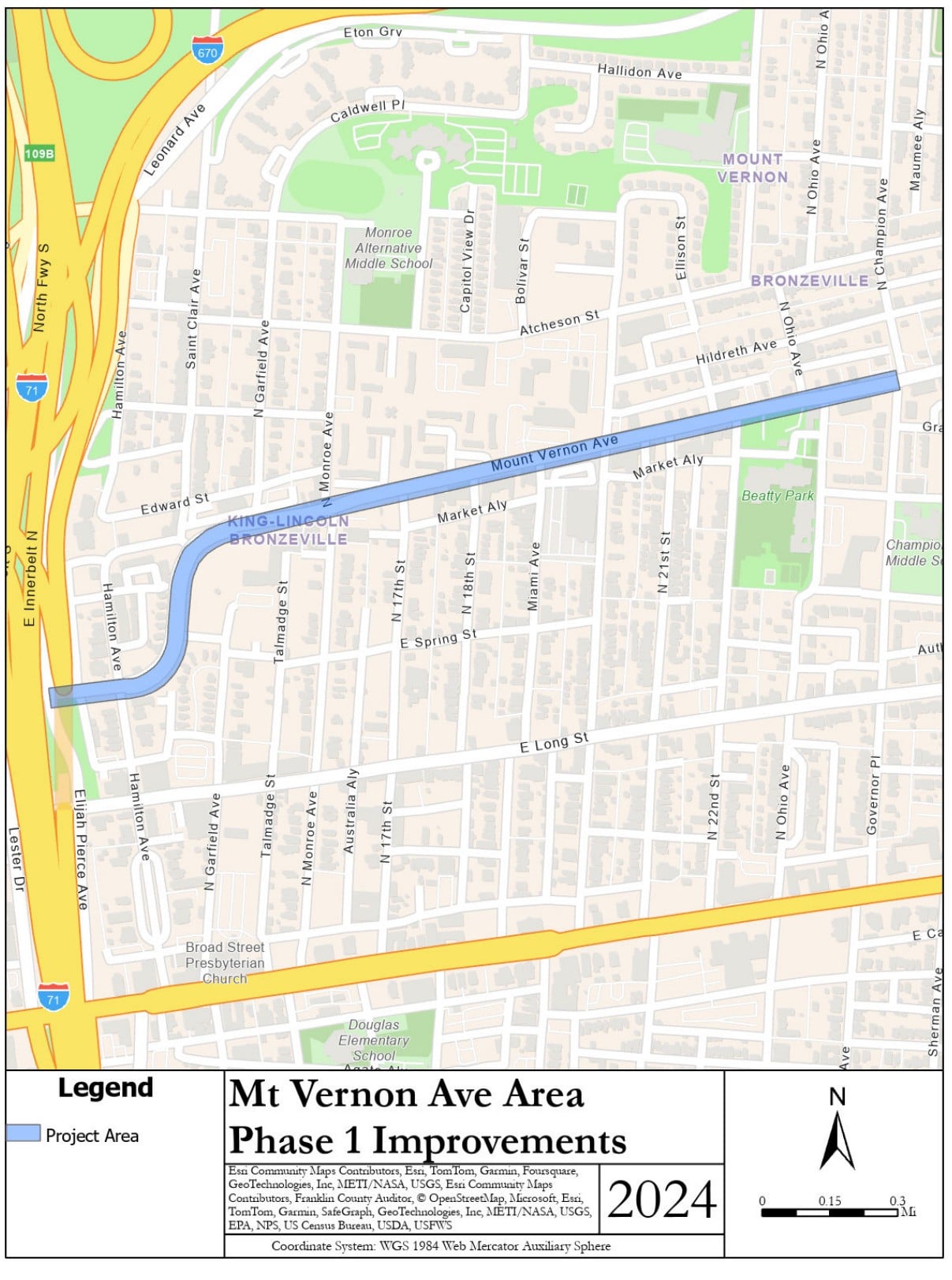 Work Is Starting On $7 Million Of Safety Fixes For Mt. Vernon Avenue, Including A Barrier-Protected Bike Lane 3 City map of the Mt. Vernon Avenue Area Phase 1 project area, from Hamilton Avenue along Martin Luther King Jr. Boulevard and Mt. Vernon Avenue to Champion Avenue