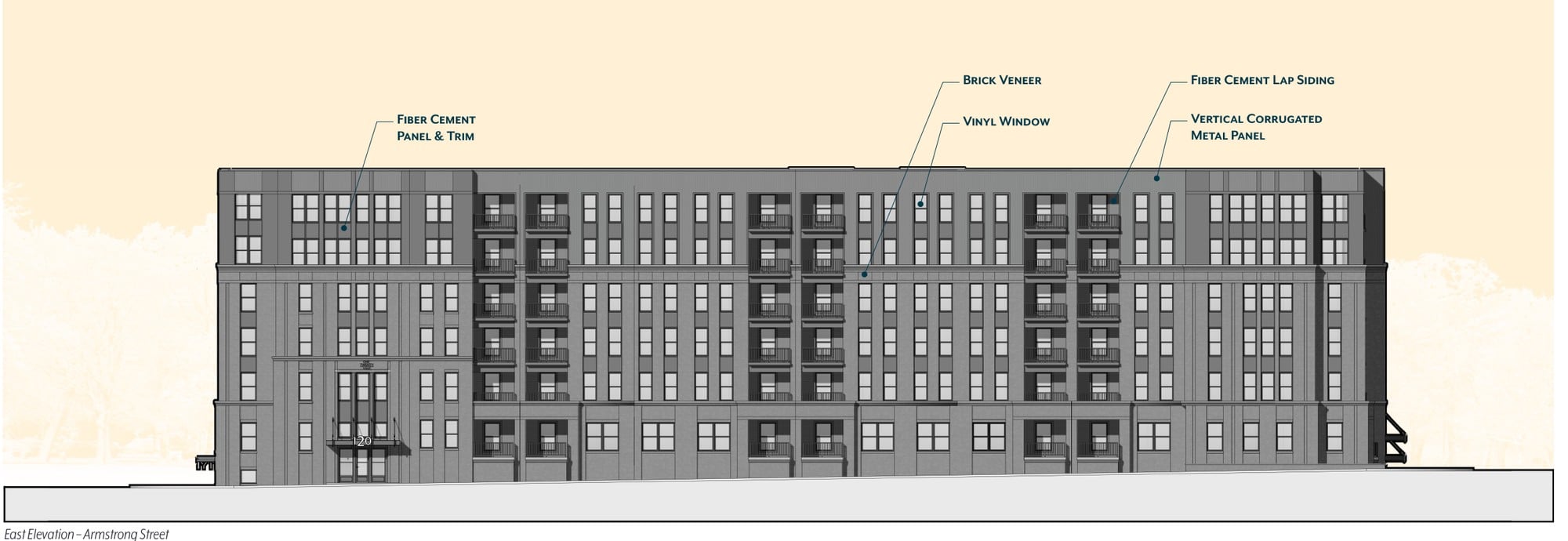 A 242-Unit Apartment Building Could Replace This Arena District Parking Lot 5 Elevation drawing of the east face of One Twenty Vine along Armstrong Street, showing balconies and the residential entrance