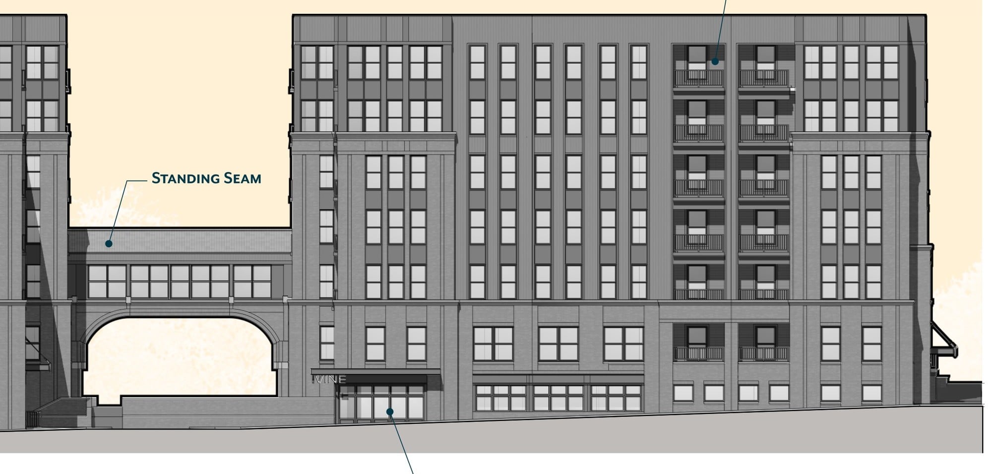 Elevation drawing of the One Twenty Vine apartment building on Vine Street in the Arena District, showing the east wing and the enclosed bridge over the garage entrance