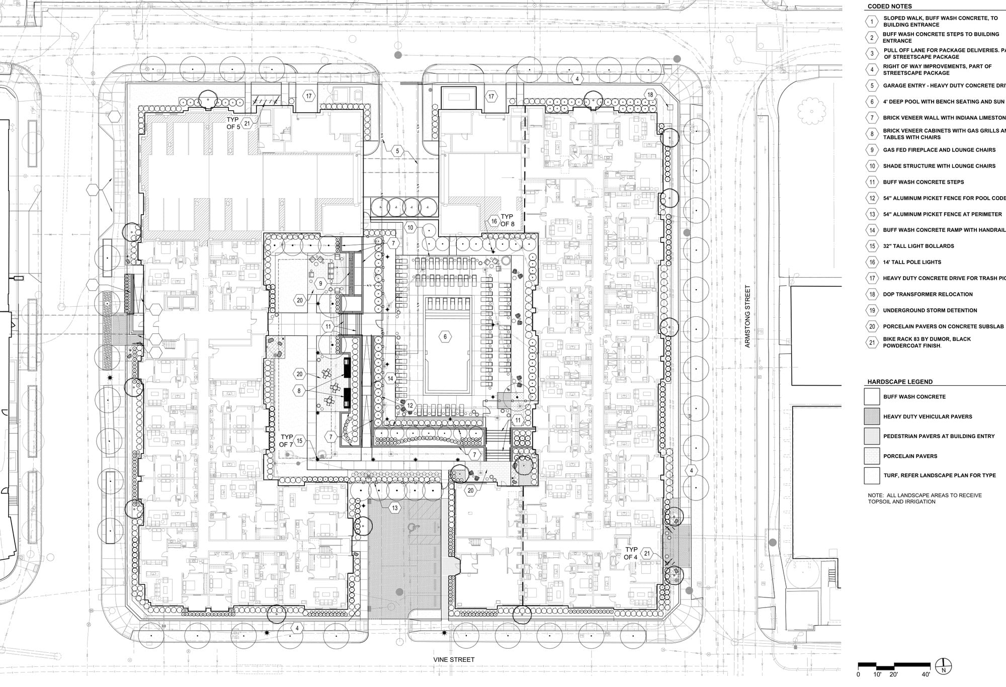 A 242-Unit Apartment Building Could Replace This Arena District Parking Lot 4 Landscape plan for One Twenty Vine showing the internal courtyard with pool, grills, fireplace and shade structure, plus street trees around the block