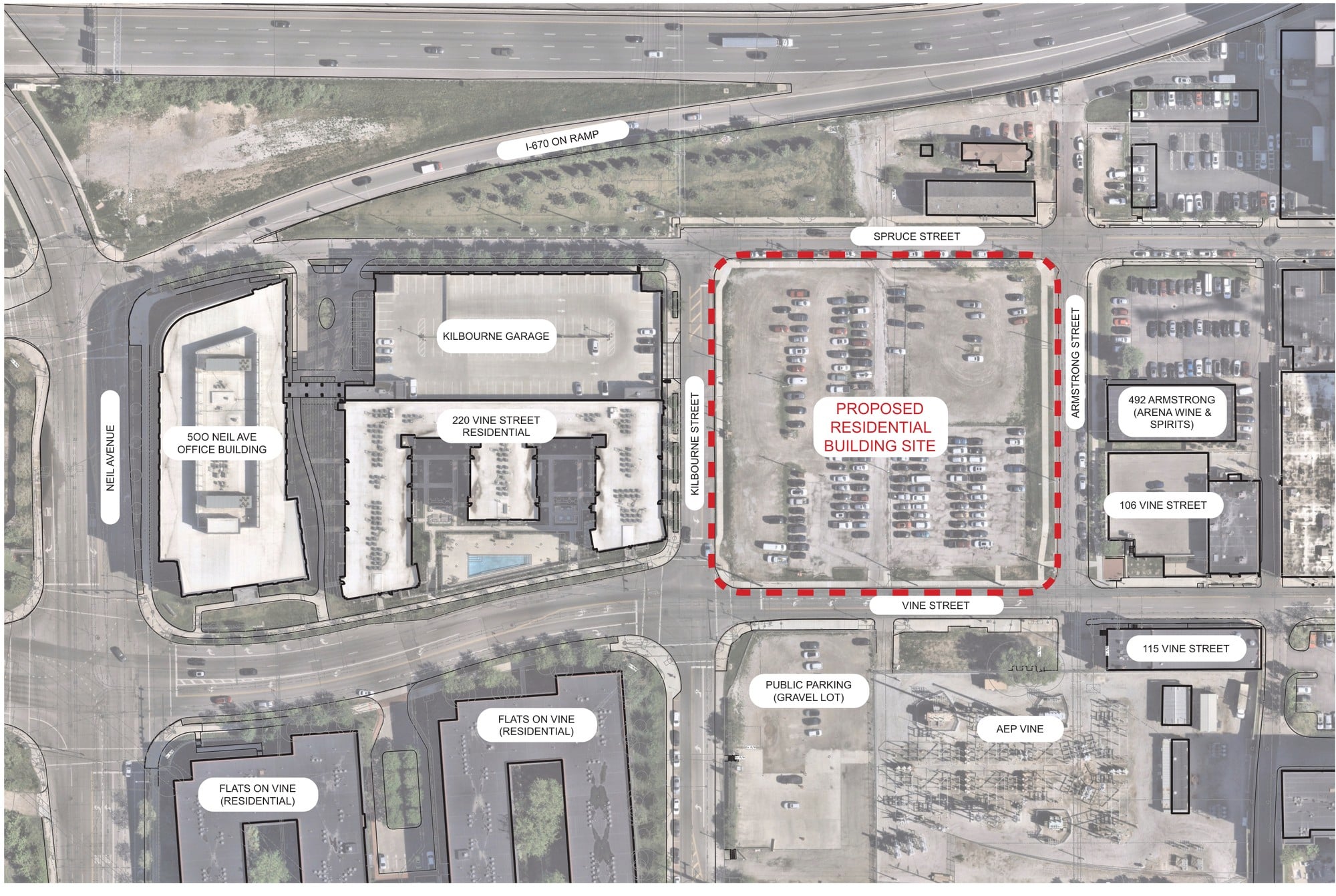 A 242-Unit Apartment Building Could Replace This Arena District Parking Lot 2 Aerial site plan showing the proposed residential building site outlined on the gravel parking lot between Kilbourne and Armstrong streets, with the Kilbourne Garage, Two Twenty Vine, Flats on Vine and the I-670 ramp around it