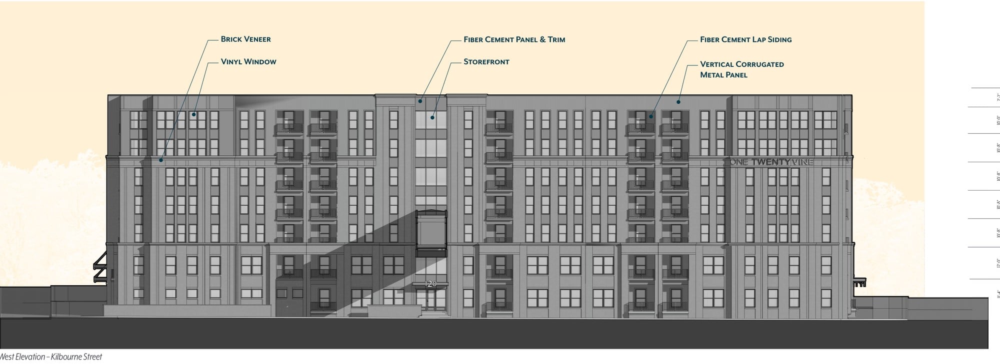A 242-Unit Apartment Building Could Replace This Arena District Parking Lot 3 Elevation drawing of the west face of One Twenty Vine along Kilbourne Street, with the skywalk connection and the building name lettered near the roofline