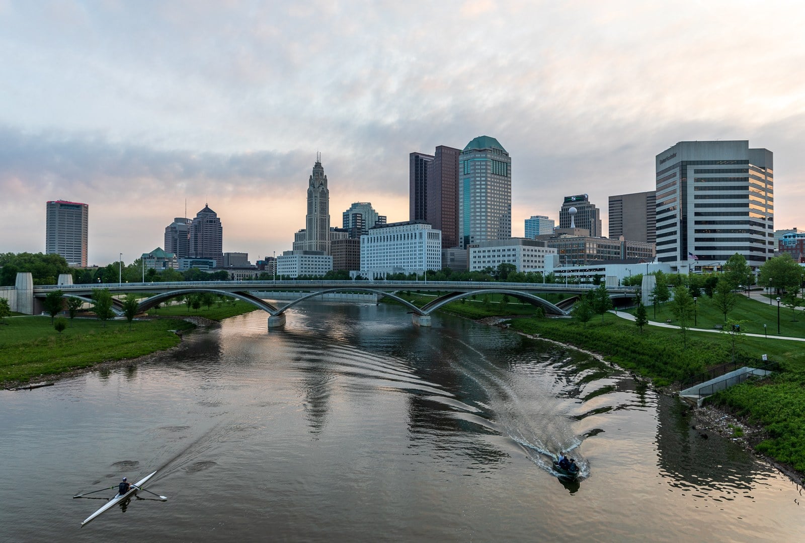 Downtown Columbus skyline from the Scioto Mile with a rower on the river
