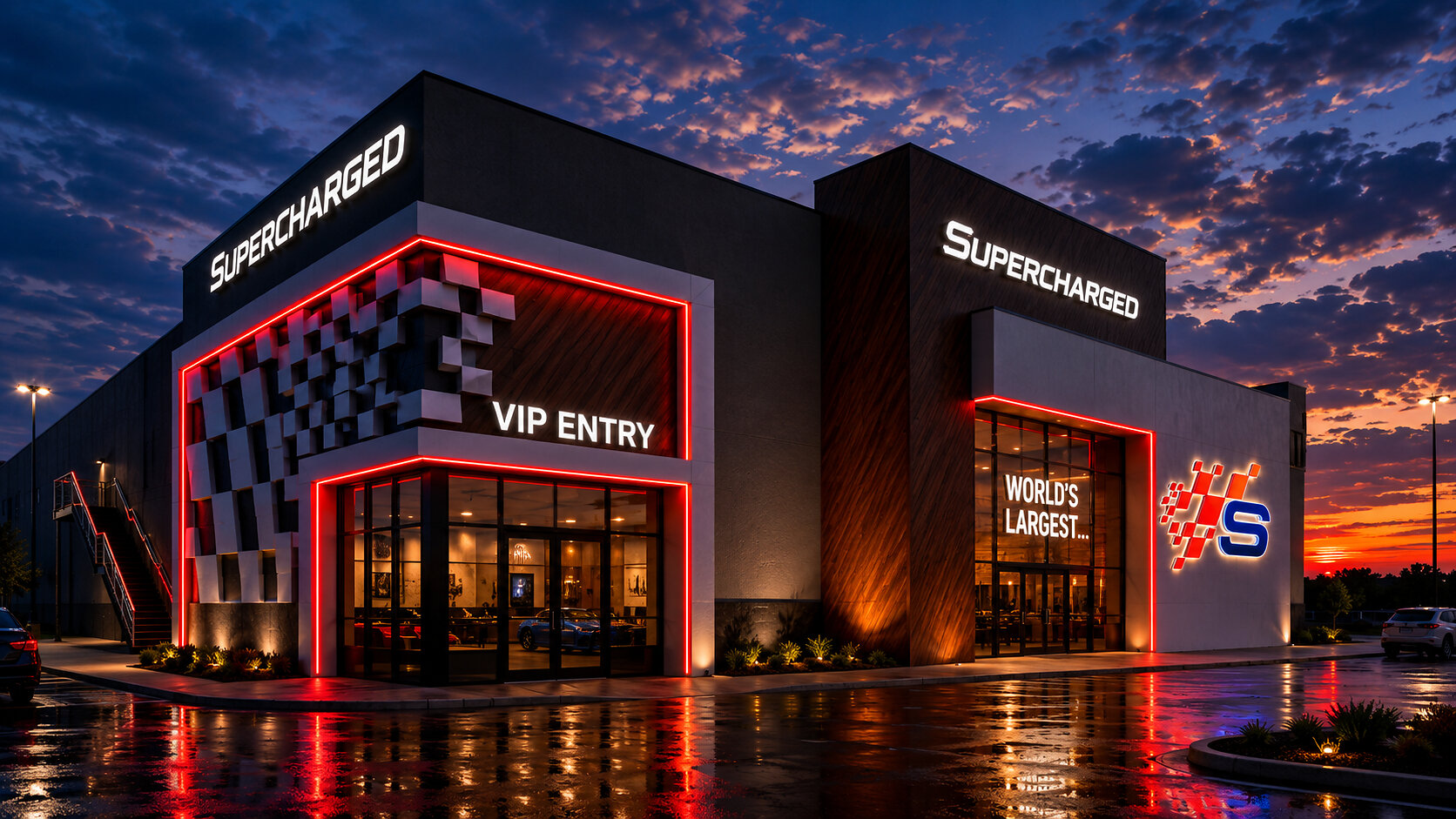 Rendering of the Supercharged Entertainment building planned for Polaris, with red-lit entrances and a checkered facade at dusk