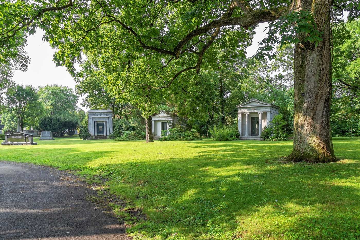 stone mausoleums at green lawn cemetery 