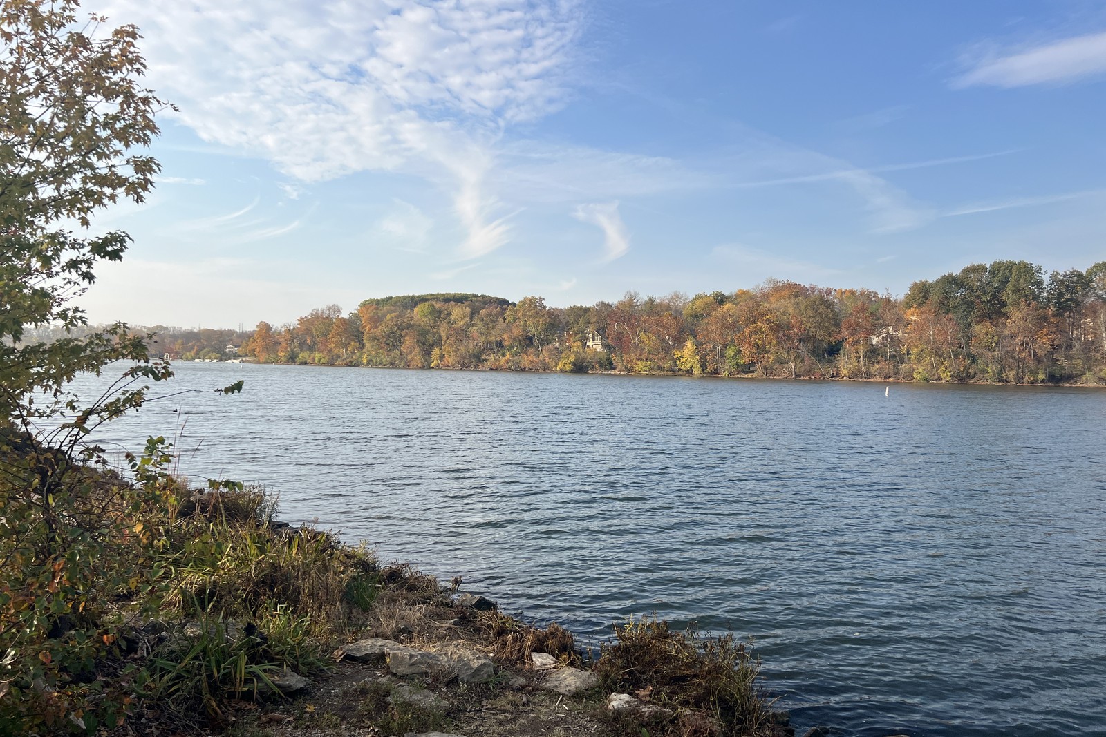 Rocky shore of Griggs Reservoir with fall trees across the water