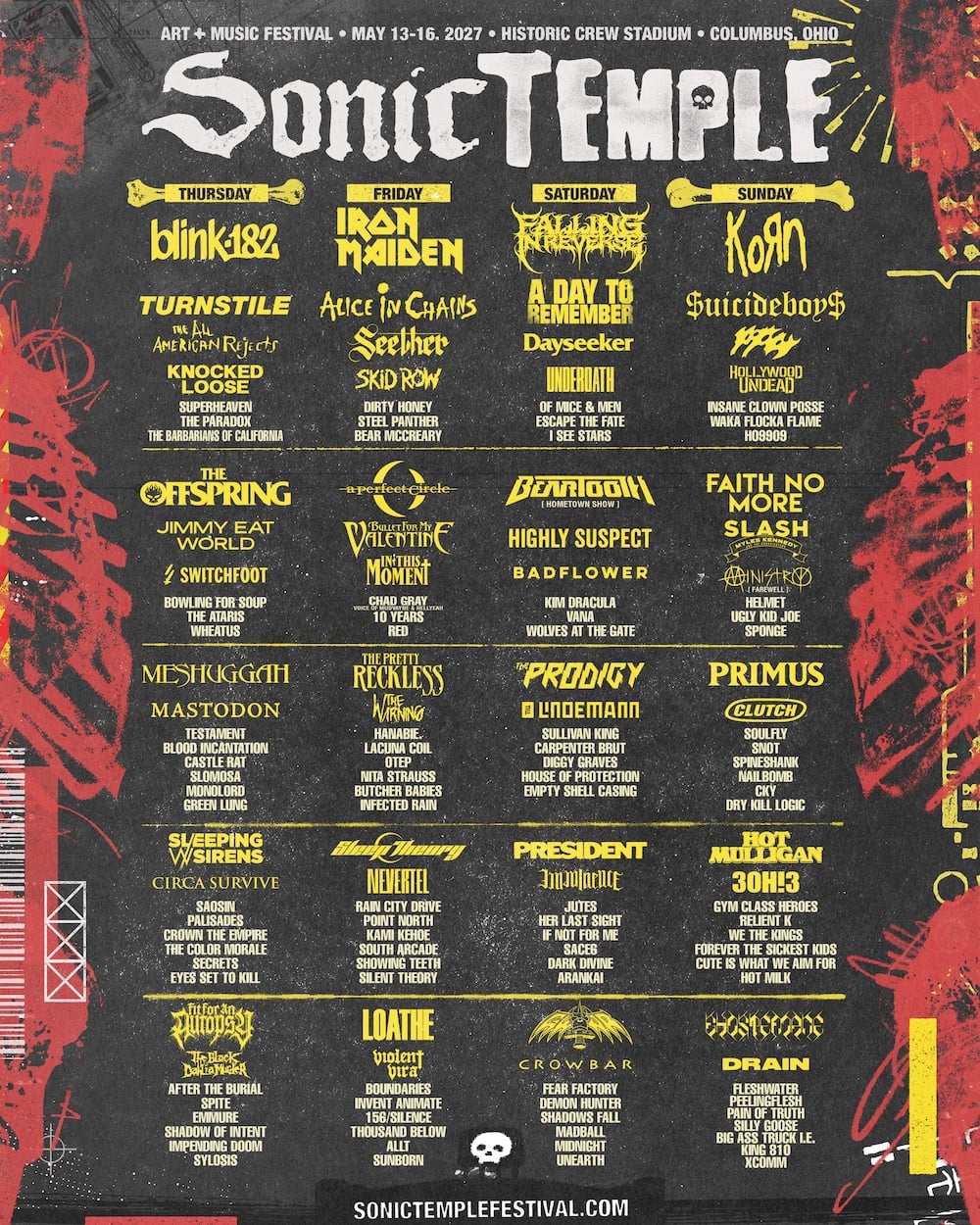 Sonic Temple 2027 lineup poster with blink-182, Iron Maiden, Falling in Reverse and Korn