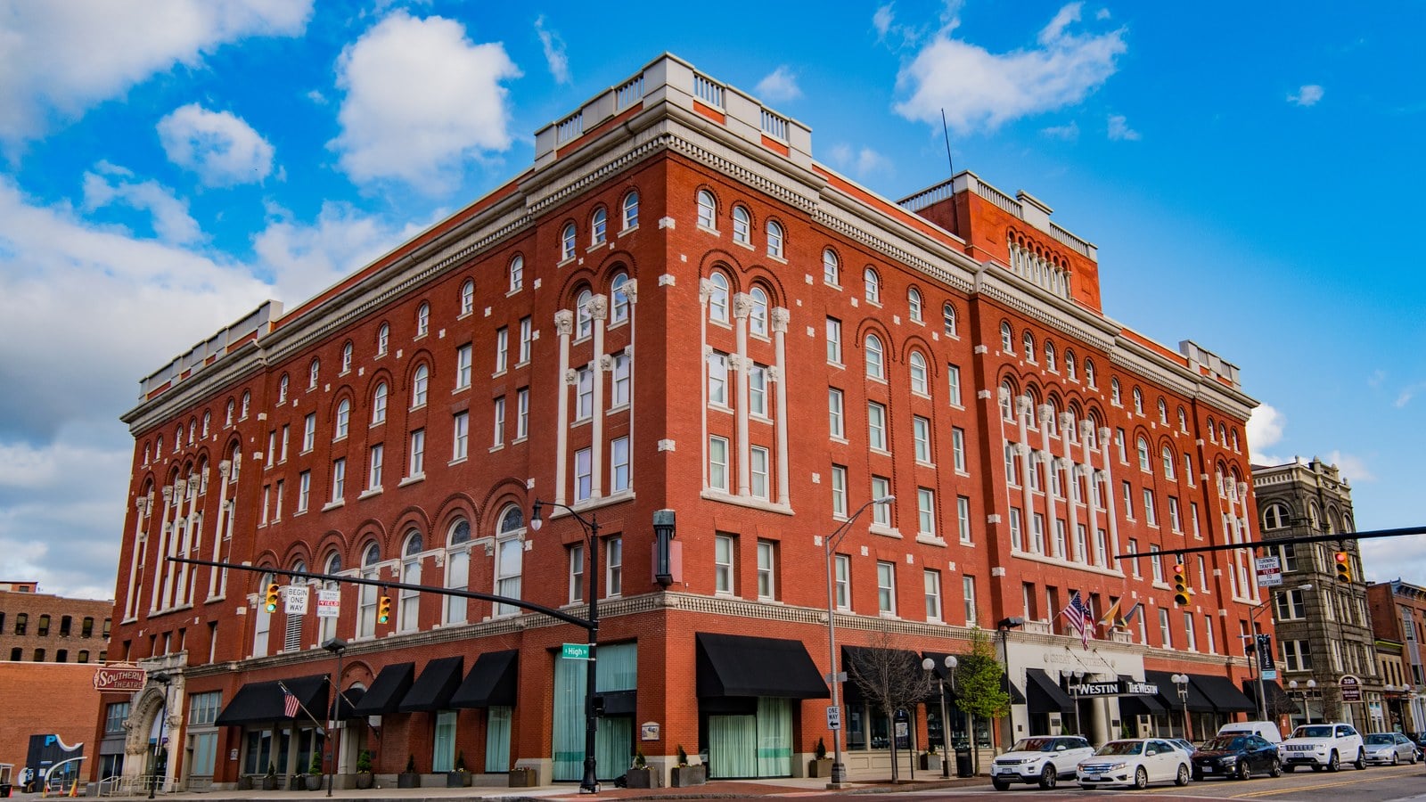 The red-brick Great Southern building at Main and High streets, with the Southern Theatre sign at the corner entrance