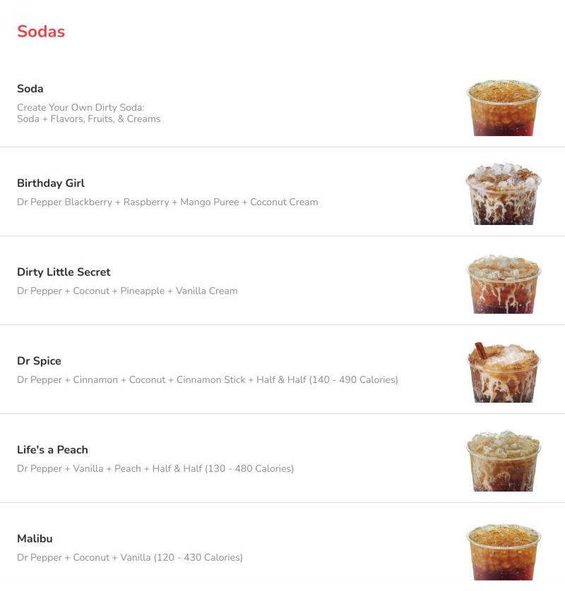 Screenshot of the Sodas section of the Swig online menu listing six dirty sodas with their ingredients, including Birthday Girl, Dirty Little Secret, Dr Spice, Lifes a Peach and Malibu